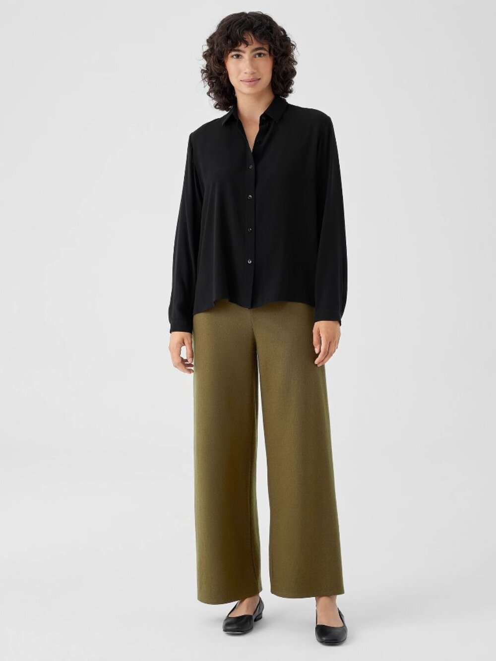 Eileen Fisher - Silk Georgette Crepe Classic Collar Shirt, black size PP petite